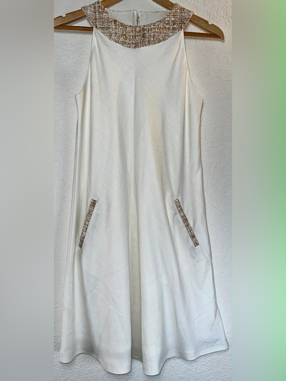 Elegant White Sleeveless A-Line Dress with Tweed Trim